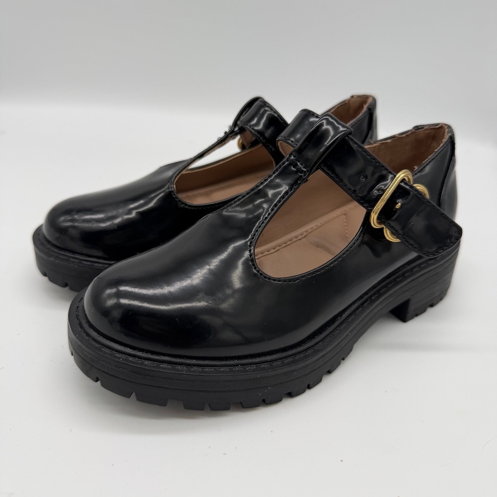 Sam Edelman Kids Black Patent T-Strap Mary Jane Lug Sole Shoes US 12M